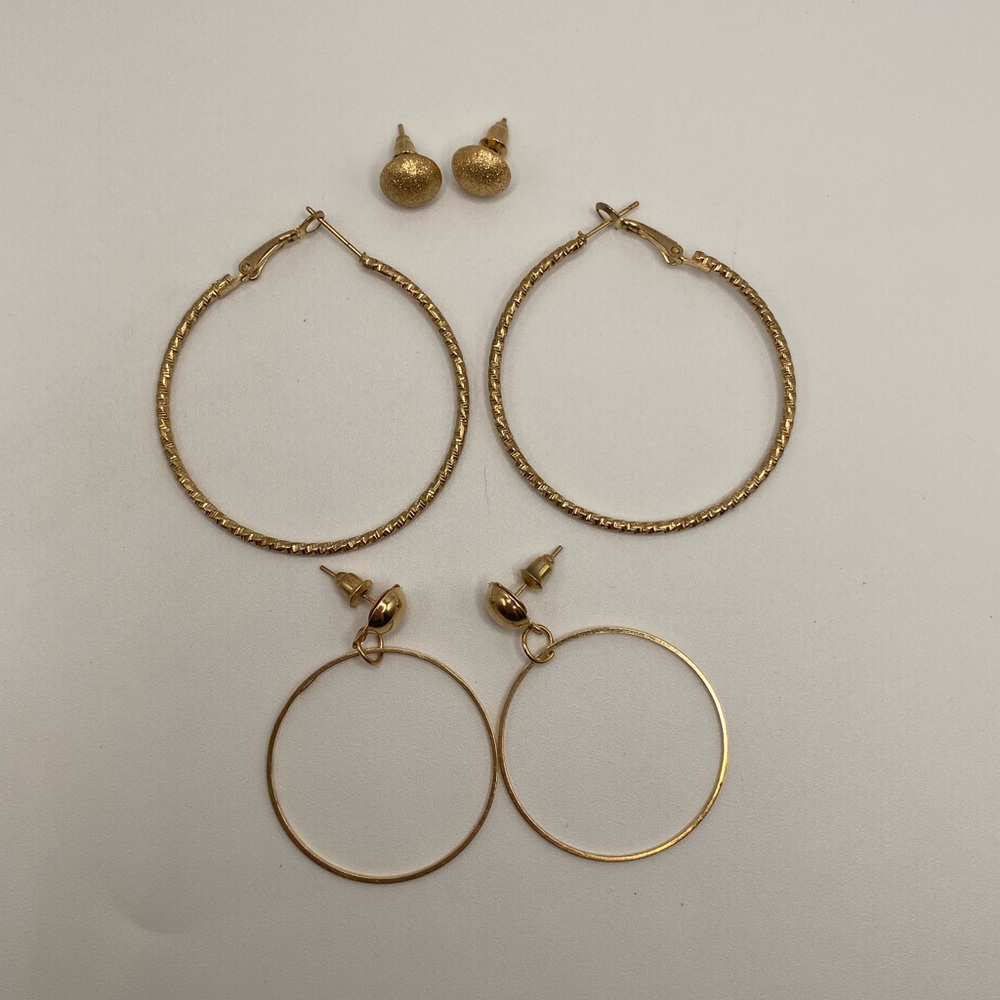 3 Sets Of Gold Earrings Bundle. Hoops And Studs. Costume Jewelry.